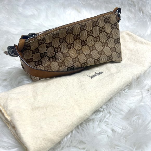 GUCCI GG Canvas Leather Hand Bag Pouch Beige Brown - Picture 1 of 3